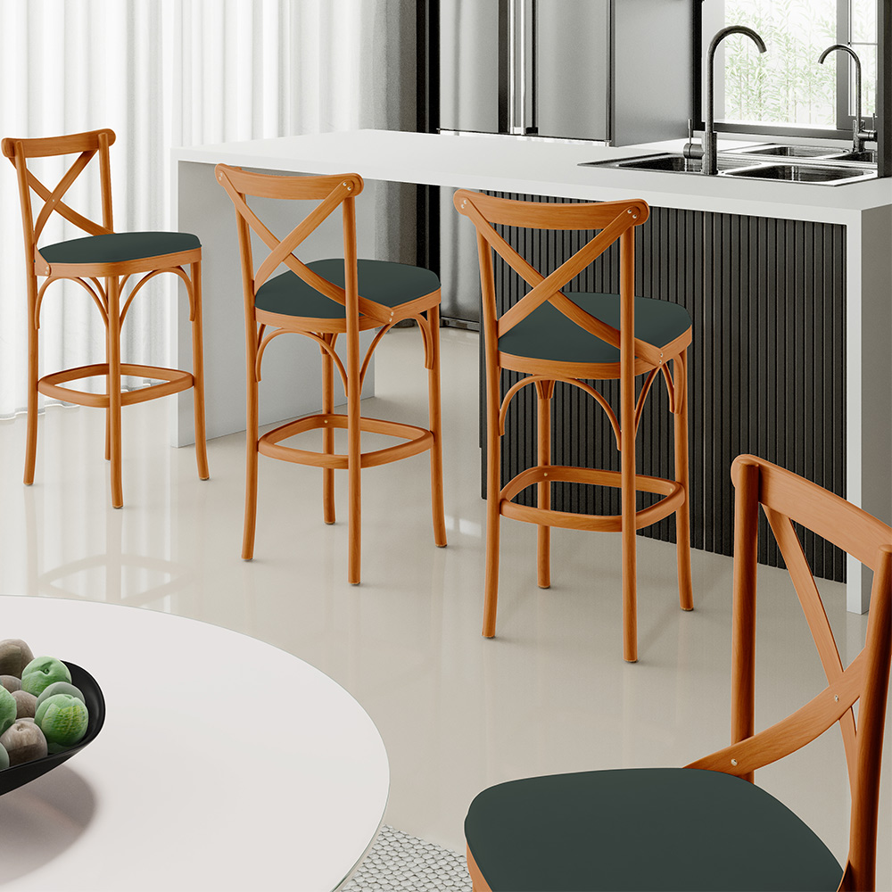 Kit 06 Banquetas Altas Cozinha Bancada Bar Sala Jantar Estofada Ávila L02 Suede Verde Musgo - Lyam