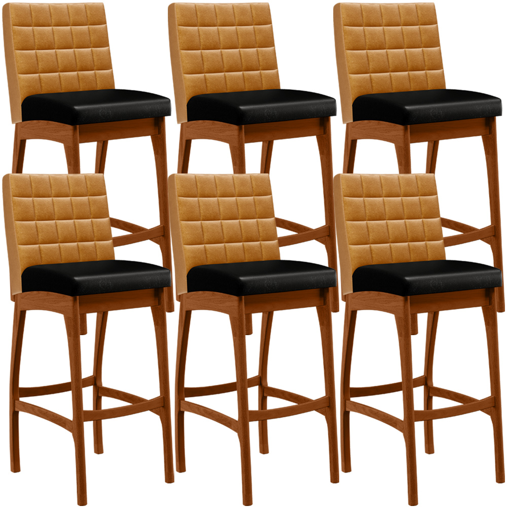 Kit 06 Banquetas Altas Cozinha Sala Jantar Fixa Mila L02 Couríssimo Whisky Couríssimo Preto - Lyam Decor