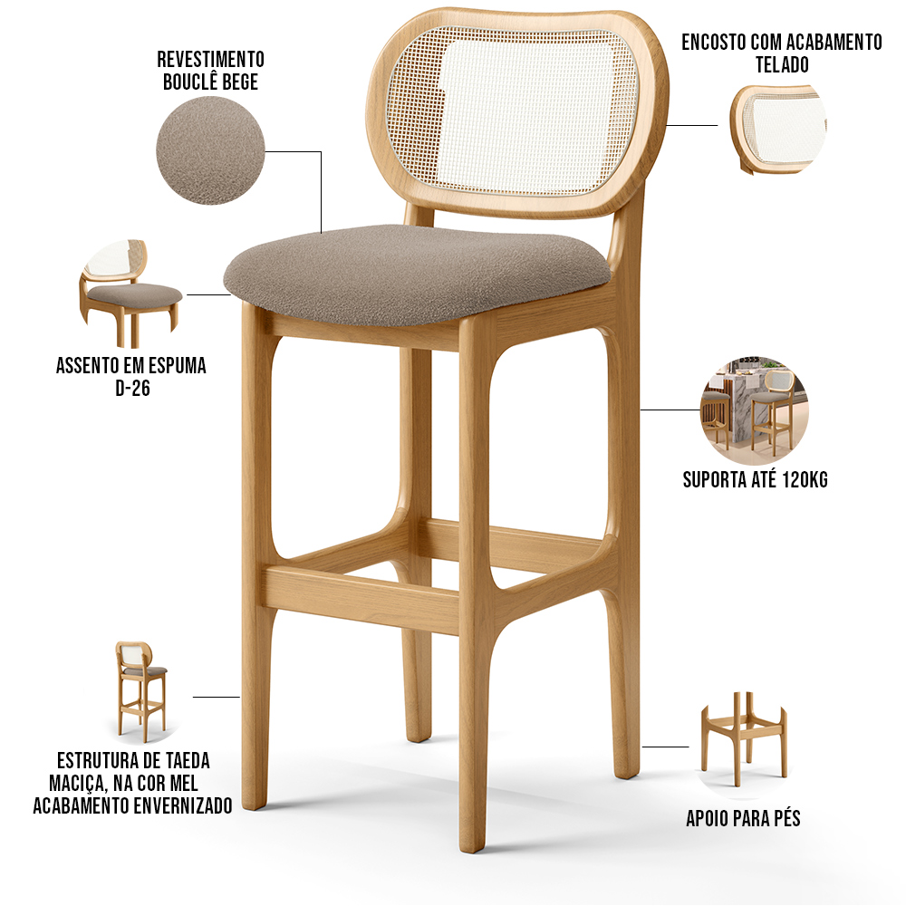 Kit 06 Banquetas Altas Para Cozinha Bancada Sala Tela Betta Fixa L02 Bouclê Bege - Lyam