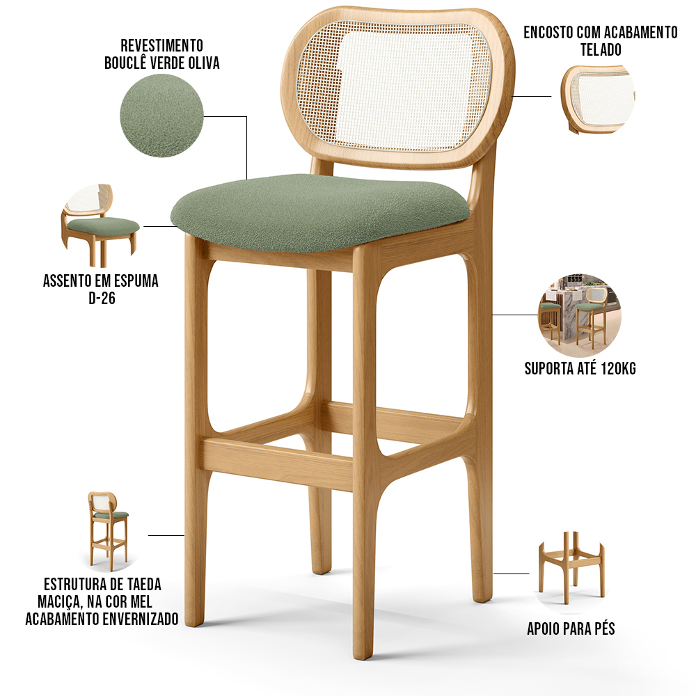 Kit 06 Banquetas Altas Para Cozinha Bancada Sala Tela Betta Fixa L02 Bouclê Oliva - Lyam
