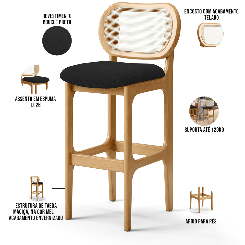 Kit 06 Banquetas Altas Para Cozinha Bancada Sala Tela Betta Fixa L02 Bouclê Preto - Lyam