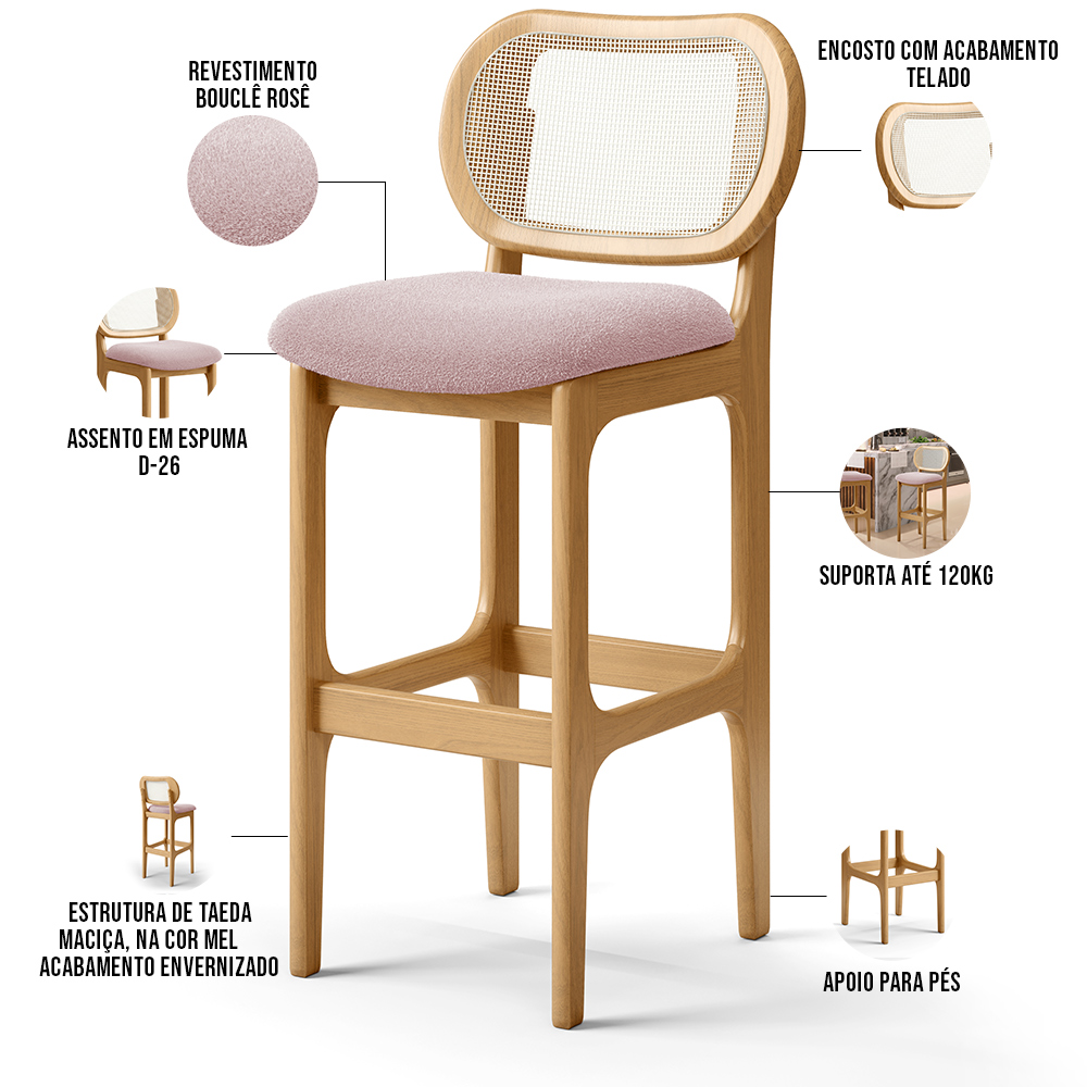 Kit 06 Banquetas Altas Para Cozinha Bancada Sala Tela Betta Fixa L02 Bouclê Rosê - Lyam