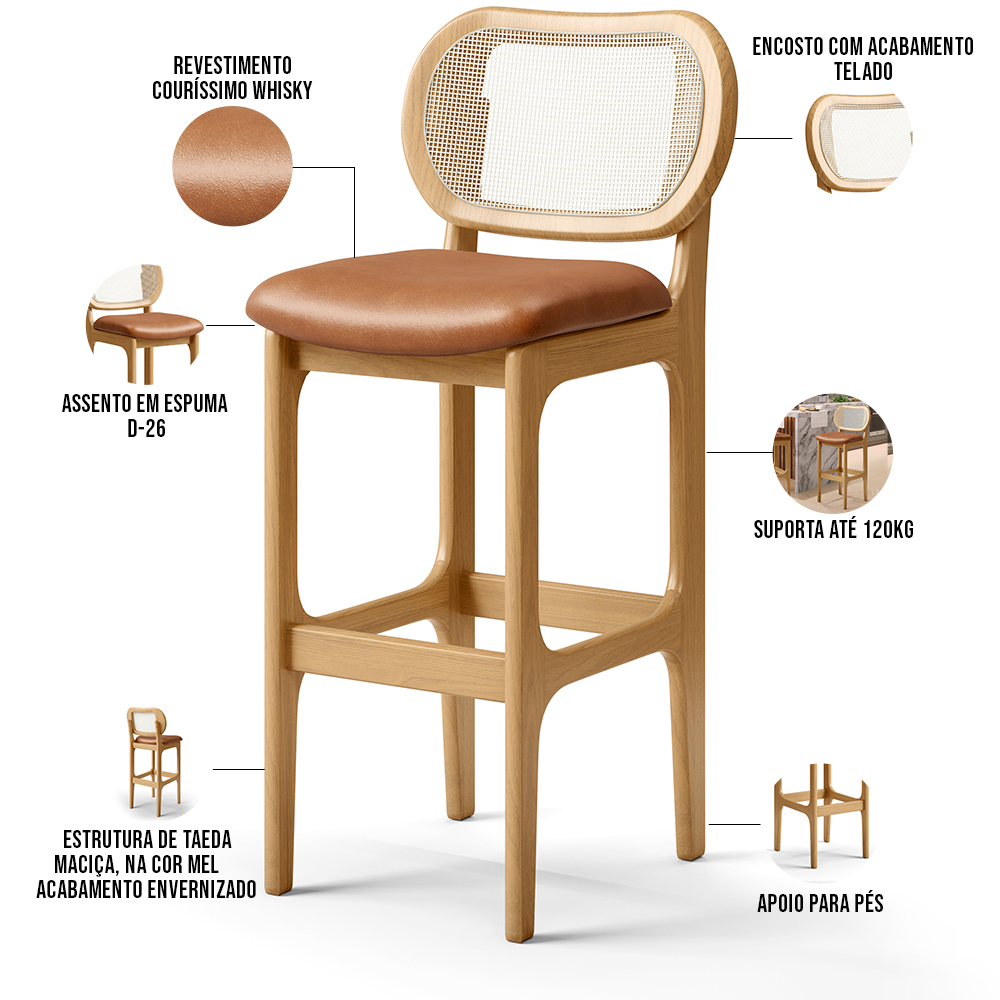 Kit 06 Banquetas Altas Para Cozinha Bancada Sala Tela Betta Fixa L02 Couríssimo Whisky - Lyam