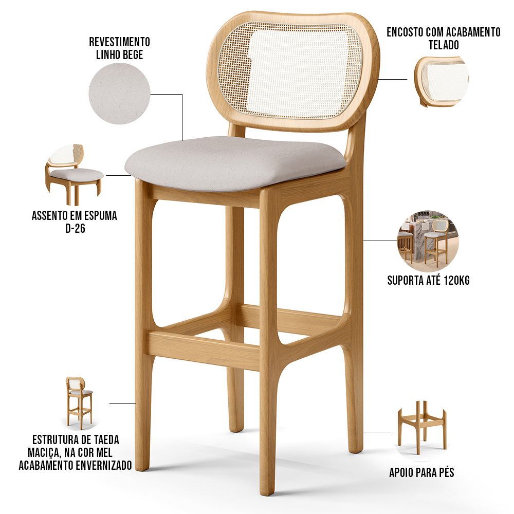 Kit 06 Banquetas Altas Para Cozinha Bancada Sala Tela Betta Fixa L02 Linho Bege - Lyam