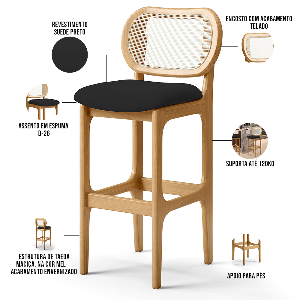 Kit 06 Banquetas Altas Para Cozinha Bancada Sala Tela Betta Fixa L02 Suede Preto - Lyam