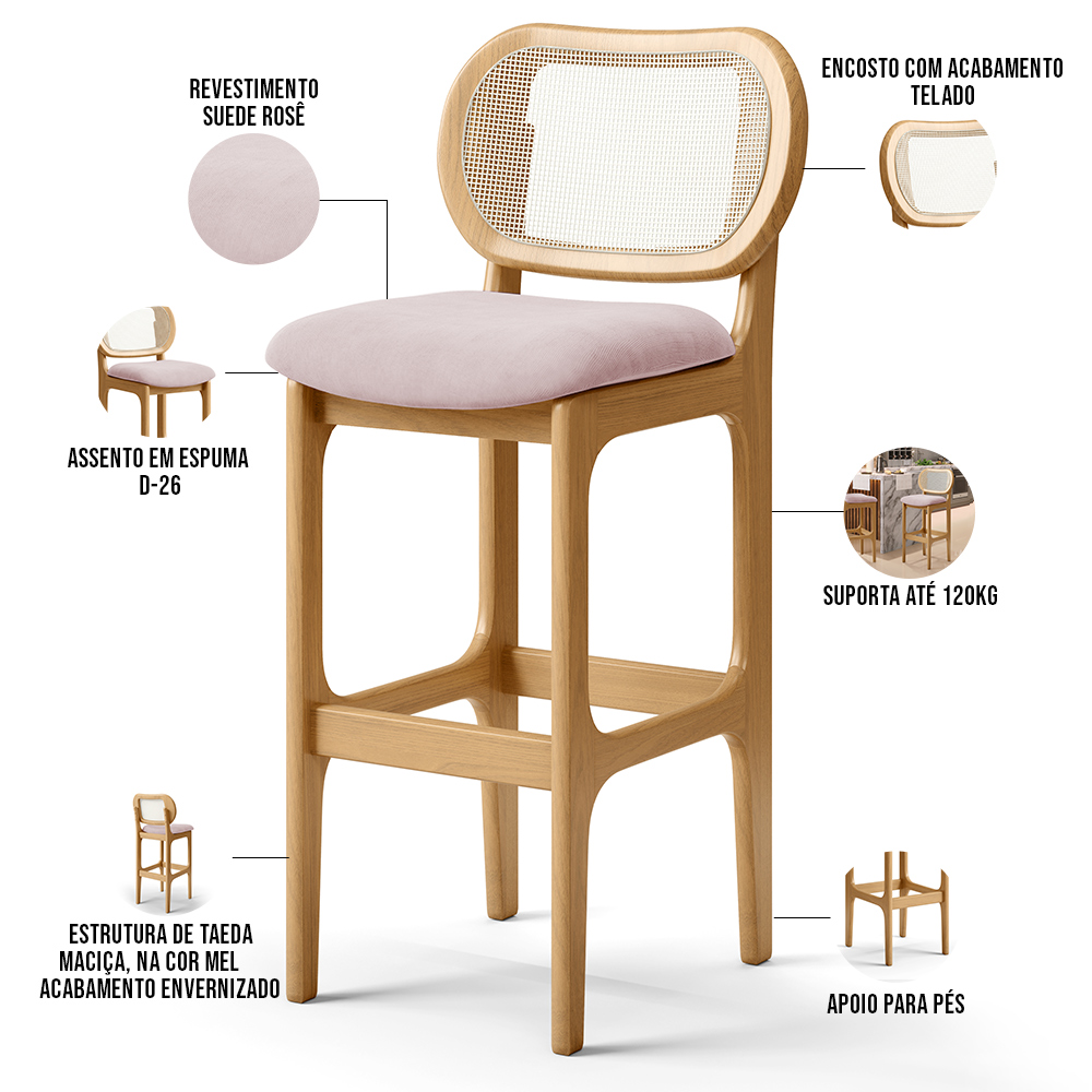 Kit 06 Banquetas Altas Para Cozinha Bancada Sala Tela Betta Fixa L02 Suede Rosê - Lyam