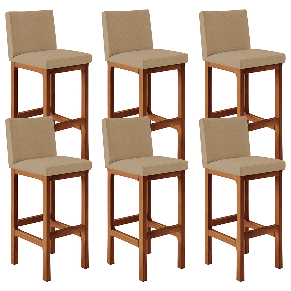 Kit 06 Banquetas Altas Para Cozinha Sala De Jantar Fixa Alya L02 Linho Bege Escuro - Lyam Decor