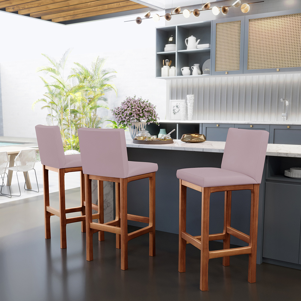 Kit 06 Banquetas Altas Para Cozinha Sala De Jantar Fixa Alya L02 Suede Rosê - Lyam Decor