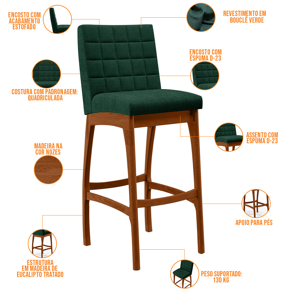 Kit 06 Banquetas Altas Para Cozinha Sala De Jantar Fixa Mila L02 Bouclê Verde - Lyam Decor