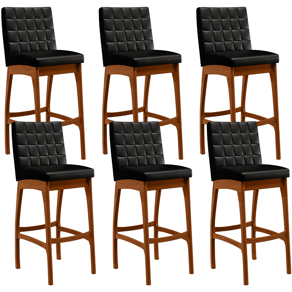 Kit 06 Banquetas Altas Para Cozinha Sala de Jantar Fixa Mila B04 Couríssimo Preto - Lyam Decor