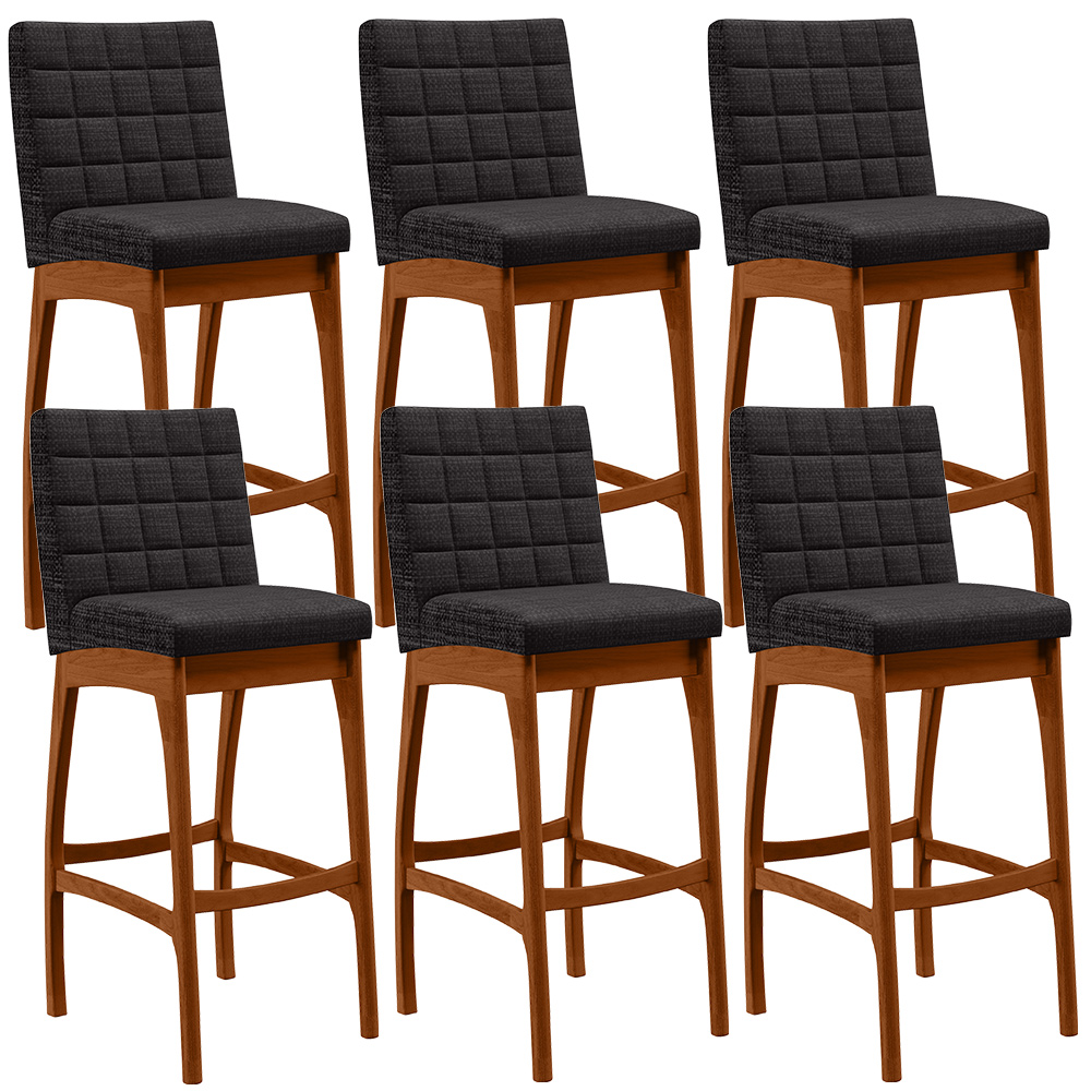 Kit 06 Banquetas Altas Para Cozinha Sala de Jantar Fixa Mila B04 Linho Chumbo - Lyam Decor