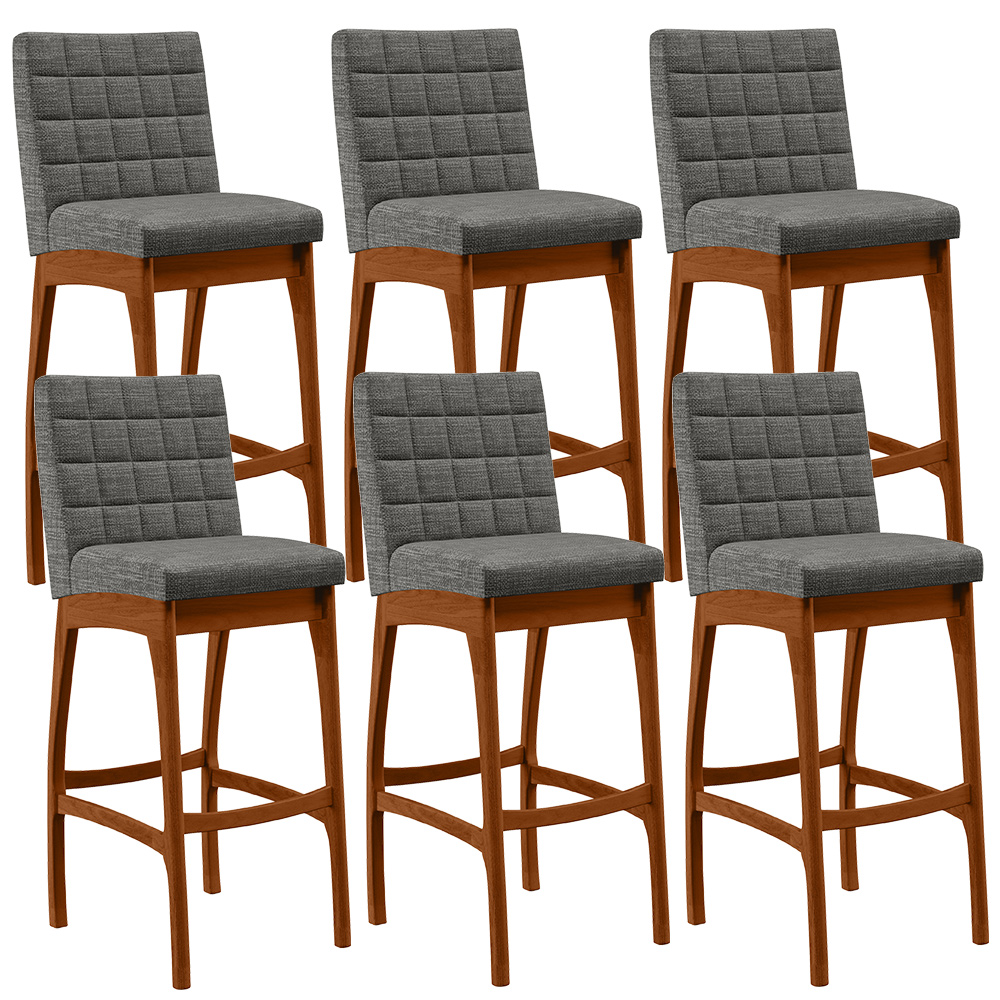 Kit 06 Banquetas Altas Para Cozinha Sala de Jantar Fixa Mila B04 Linho Cinza Escuro - Lyam Decor