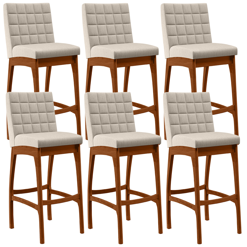Kit 06 Banquetas Altas Para Cozinha Sala de Jantar Fixa Mila B04 Linho Cru - Lyam Decor