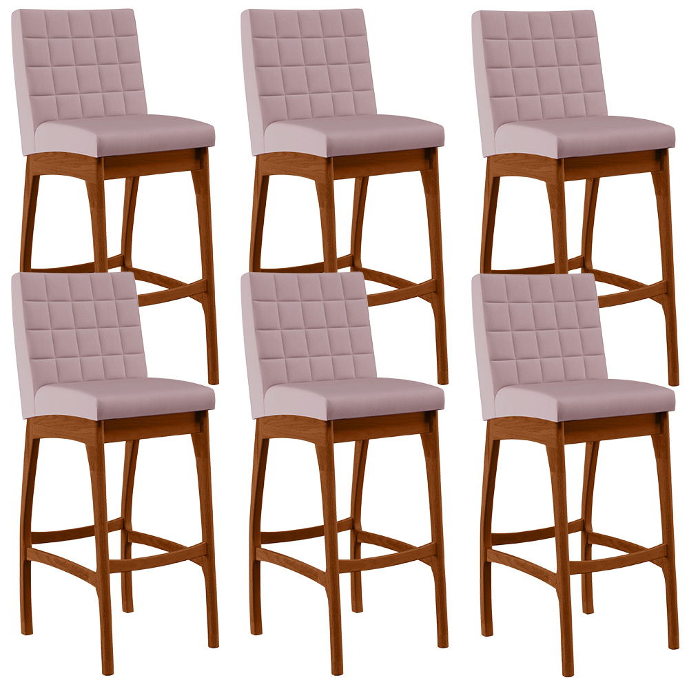 Kit 06 Banquetas Altas Para Cozinha Sala de Jantar Fixa Mila B04 Suede Rosê - Lyam Decor