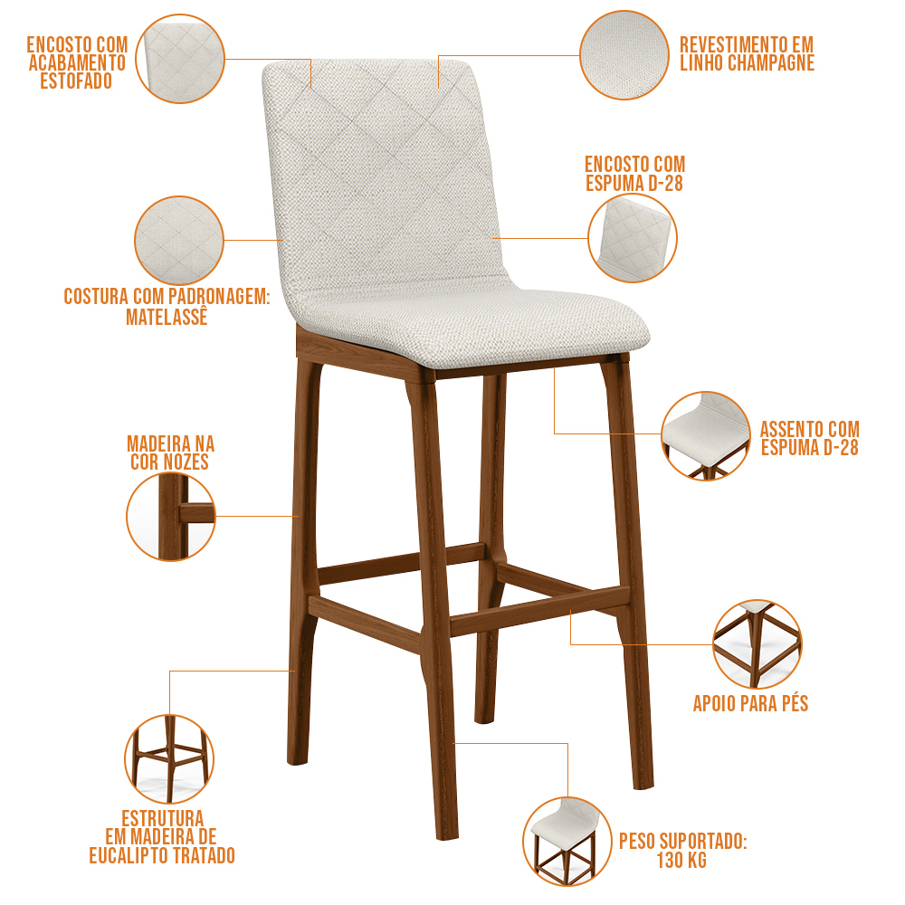 Kit 06 Banquetas Altas Para Cozinha Sala de Jantar Fixa Zoe B04 Linho Champagne - Lyam Decor