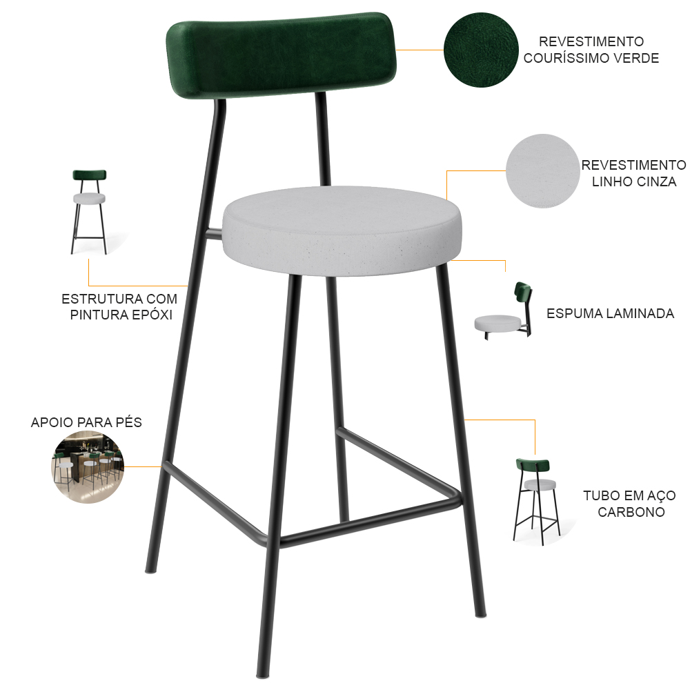 Kit 06 Banquetas Baixa Bar Cozinha E Sala De Jantar Milão L02 Facto Verde Linho Cinza - Lyam Decor