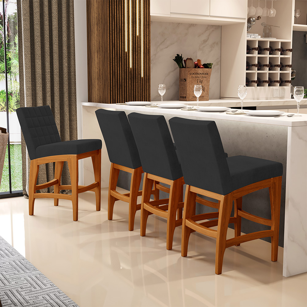 Kit 06 Banquetas Baixa Cozinha Bancada Bar Sala de Jantar Fixa Mila L02 Suede Preto - Lyam Decor
