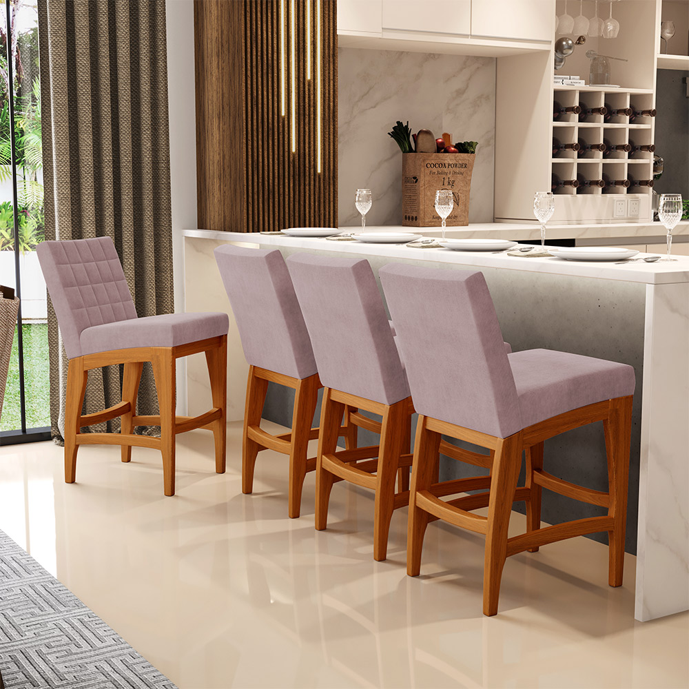 Kit 06 Banquetas Baixa Cozinha Bancada Bar Sala de Jantar Fixa Mila L02 Suede Rosê - Lyam Decor