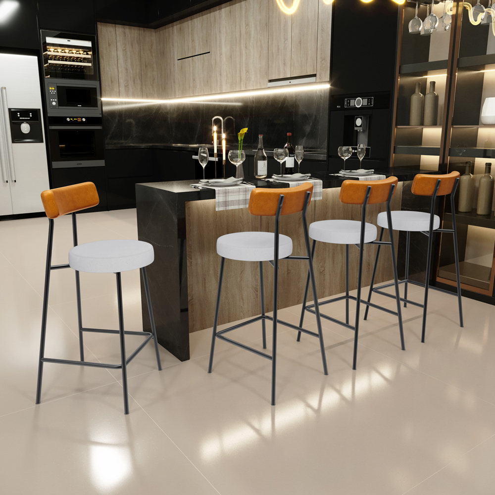 Kit 06 Banquetas Baixa Cozinha E Sala Jantar Bancada Milão L02 Couríssimo Whisky Cinza - Lyam Decor