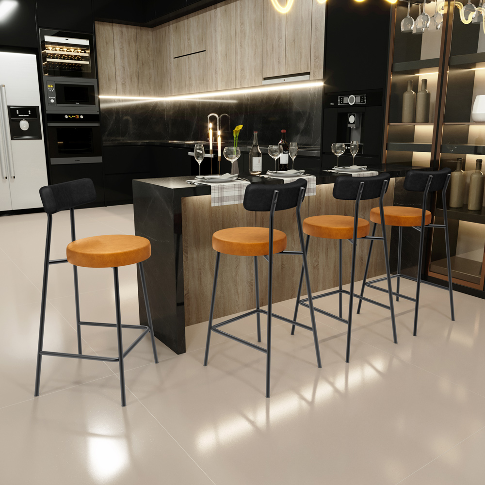 Kit 06 Banquetas Baixa Cozinha Sala Jantar Bancada Milão L02 Couríssimo Preto Whisky - Lyam Decor