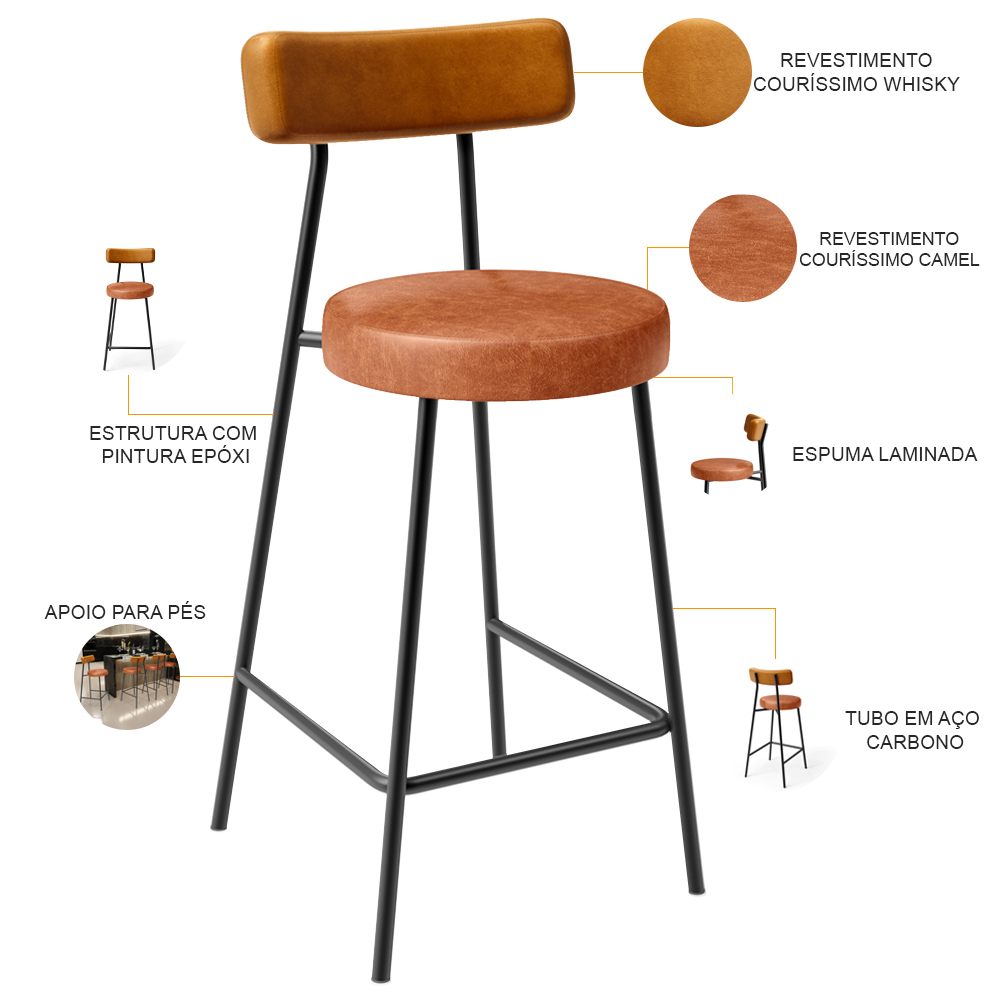 Kit 06 Banquetas Baixa Cozinha Sala Jantar Bancada Milão L02 Couríssimo Whisky Camel - Lyam Decor