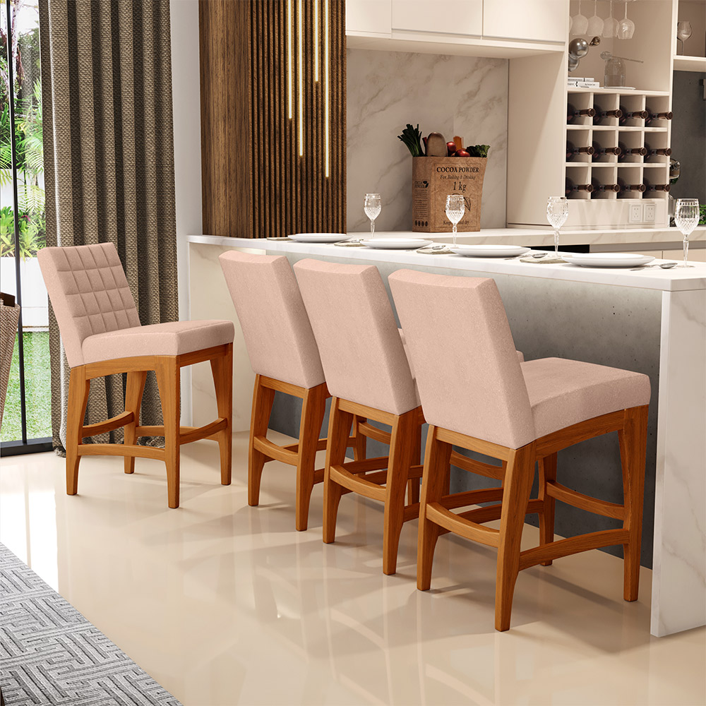 Kit 06 Banquetas Baixa Para Cozinha Bancada Bar Sala Jantar Fixa Mila L02 Linho Rosê - Lyam Decor