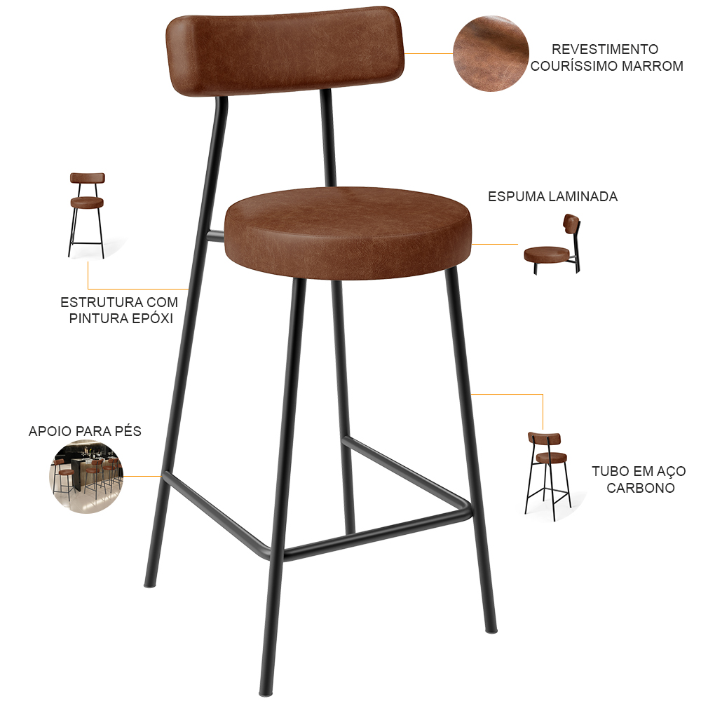 Kit 06 Banquetas Baixa Para Cozinha Sala De Jantar Bancada Milão L02 Couríssimo Marrom - Lyam Decor