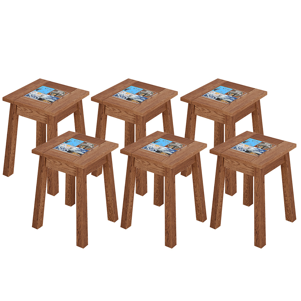 Kit 06 Banquetas Baixas De Madeira Maciça Pinus Rústica Com Cerâmica Vintage W02 Imbuia - Lyam Decor