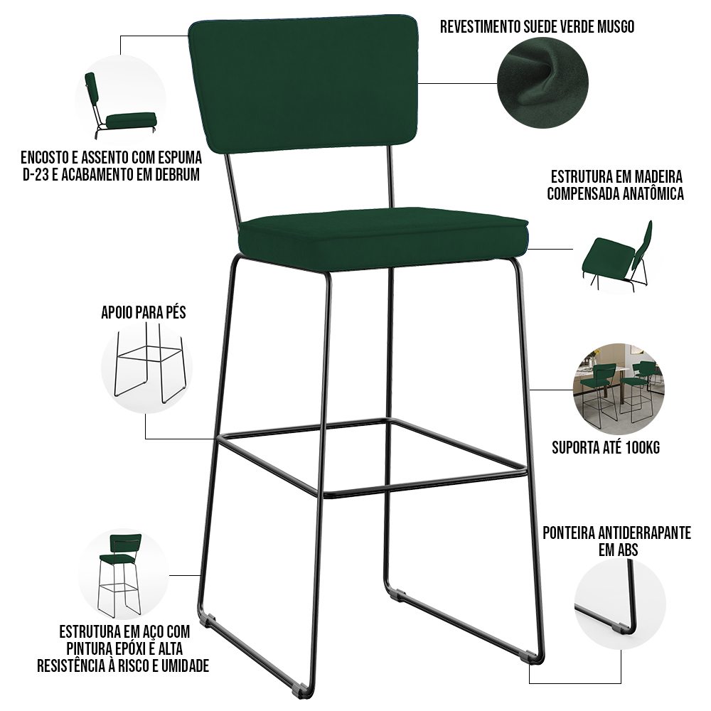 Kit 06 Banquetas Para Cozinha Sala De Jantar Base Em Aço Allana L02 Suede Verde Musgo - Lyam Decor