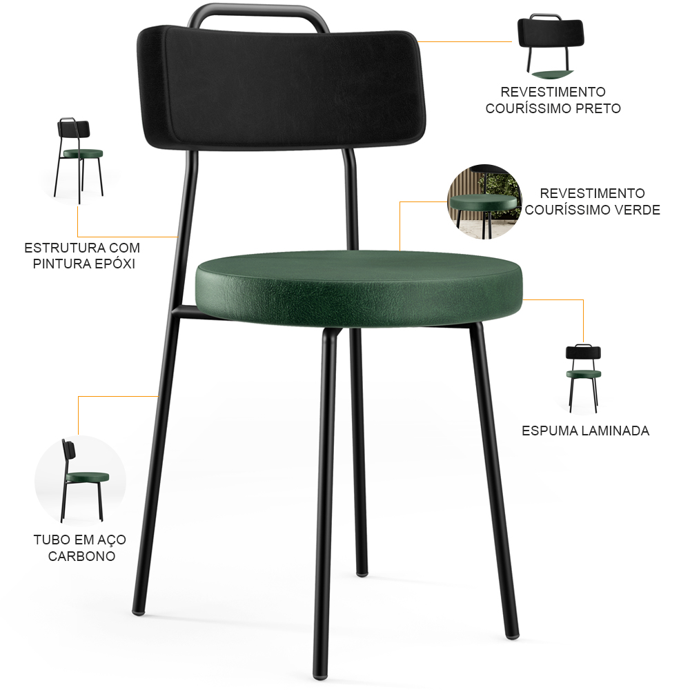 Kit 06 Cadeira Estofada Para Sala Jantar Barcelona L02 Couríssimo Preto Facto Verde Musgo - Lyam