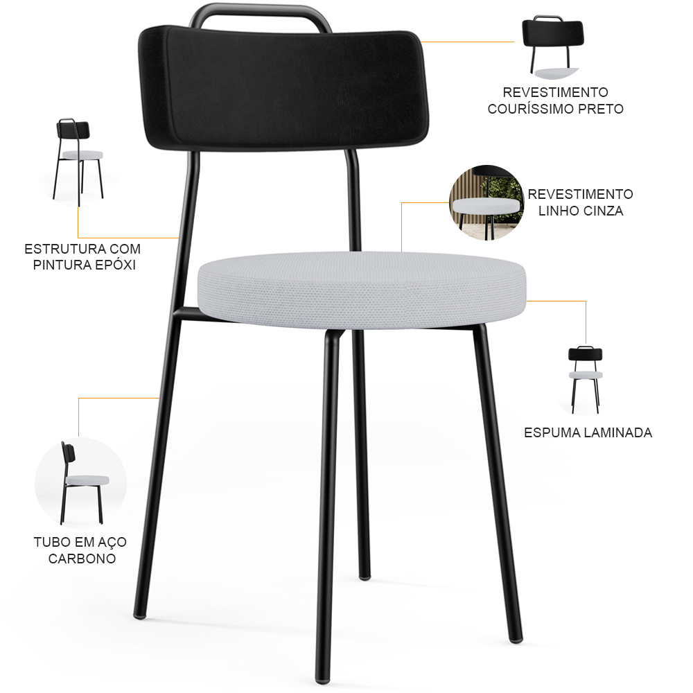 Kit 06 Cadeiras Decorativa Estofada Sala Jantar Barcelona L02 Couríssimo Preto Linho Cinza - Lyam