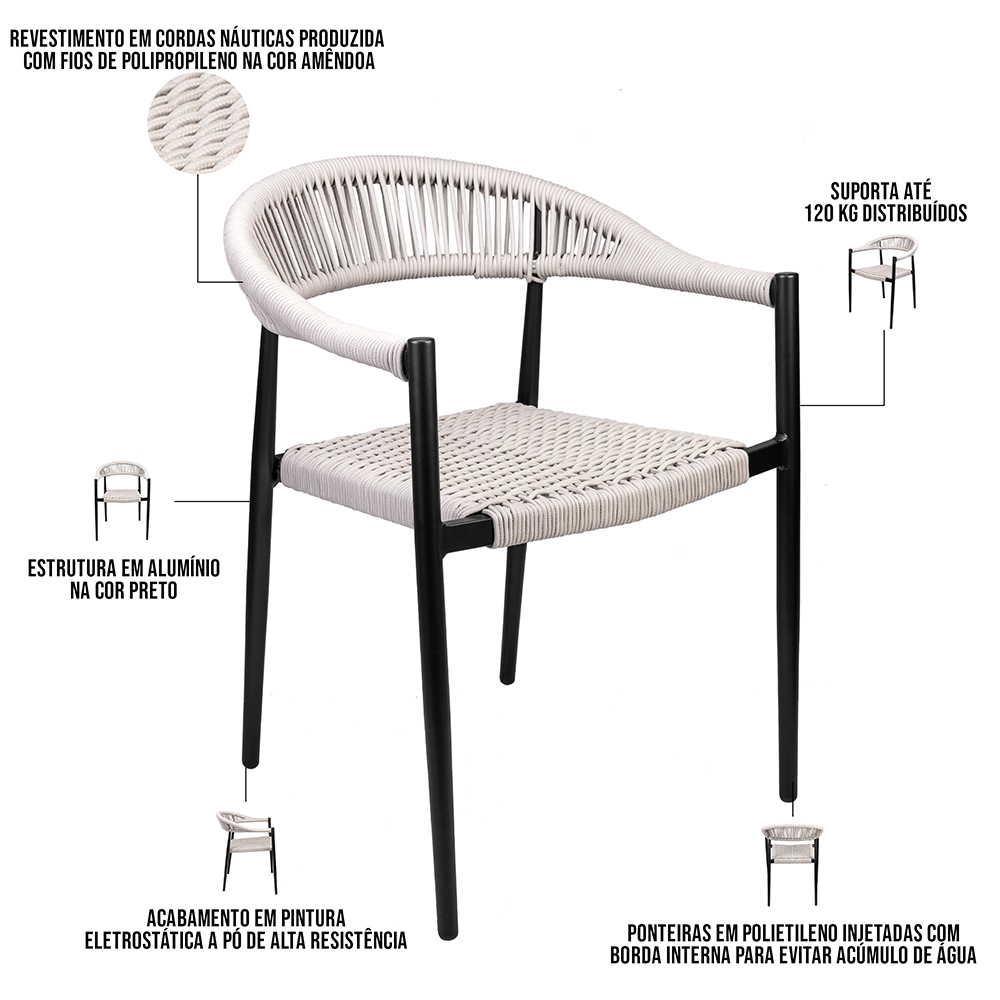 Kit 06 Cadeiras Decorativas Área Gourmet Base Preto Corda Náutica Nevada R01 Amêndoa - Lyam Decor