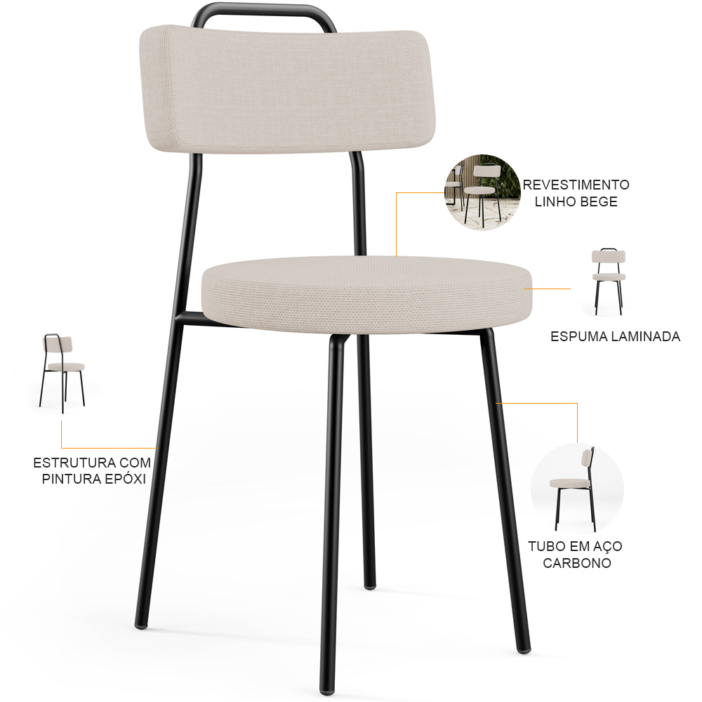 Kit 06 Cadeiras Decorativas Estofada Para Sala De Jantar Barcelona L02 Linho Bege - Lyam Decor