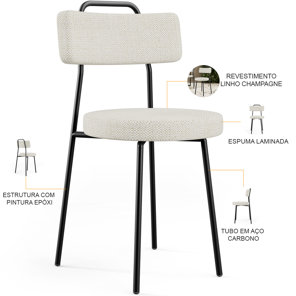 Kit 06 Cadeiras Decorativas Estofada Para Sala De Jantar Barcelona L02 Linho Champagne - Lyam