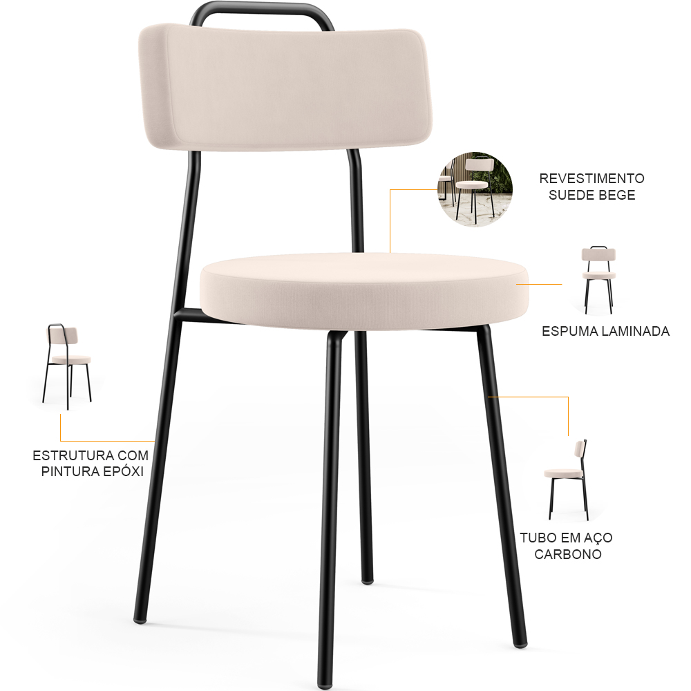 Kit 06 Cadeiras Decorativas Estofada Para Sala De Jantar Barcelona L02 Suede Bege - Lyam Decor