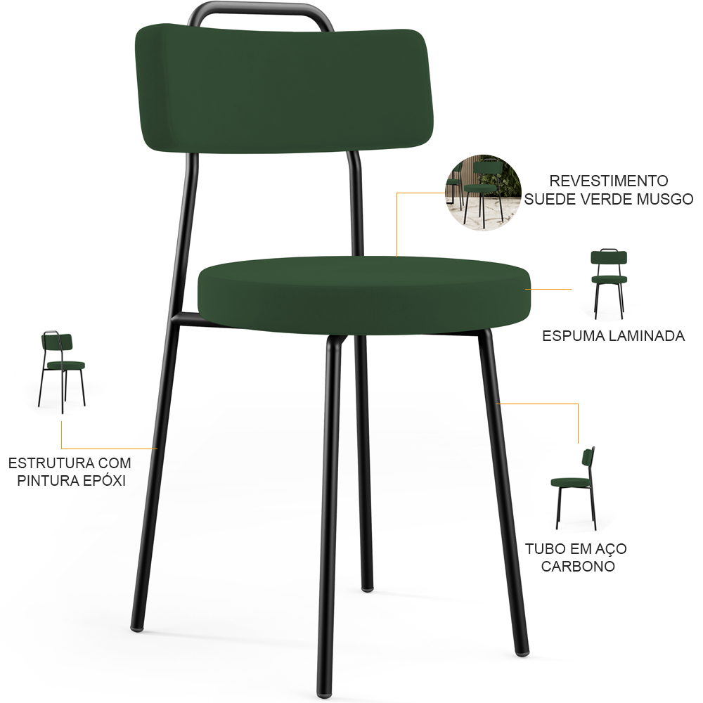 Kit 06 Cadeiras Decorativas Estofada Sala De Jantar Barcelona L02 Suede Verde Musgo - Lyam Decor