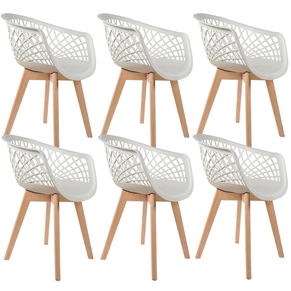 Kit 06 Cadeiras Decorativas Para Sala de Jantar Madri Com Base de Madeira E01 Branco - Lyam Decor