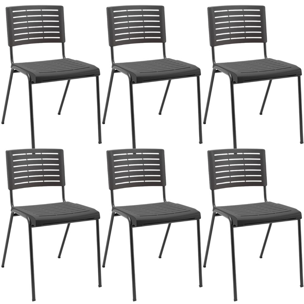 Kit 06 Cadeiras Empilhável Fixa Escritório Multiuso Base Preta Kimi P03 Preto - Lyam Decor