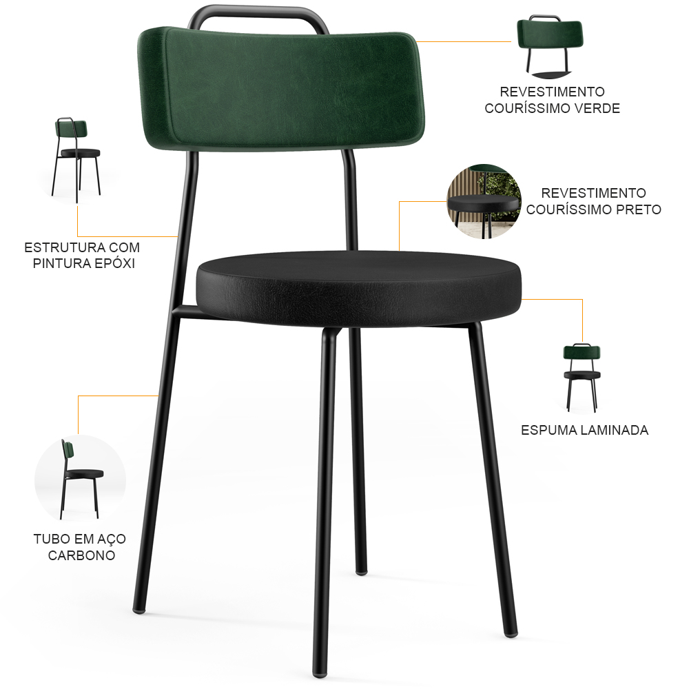 Kit 06 Cadeiras Estofada Para Sala Jantar Barcelona L02 Facto Verde Musgo Couríssimo Preto - Lyam