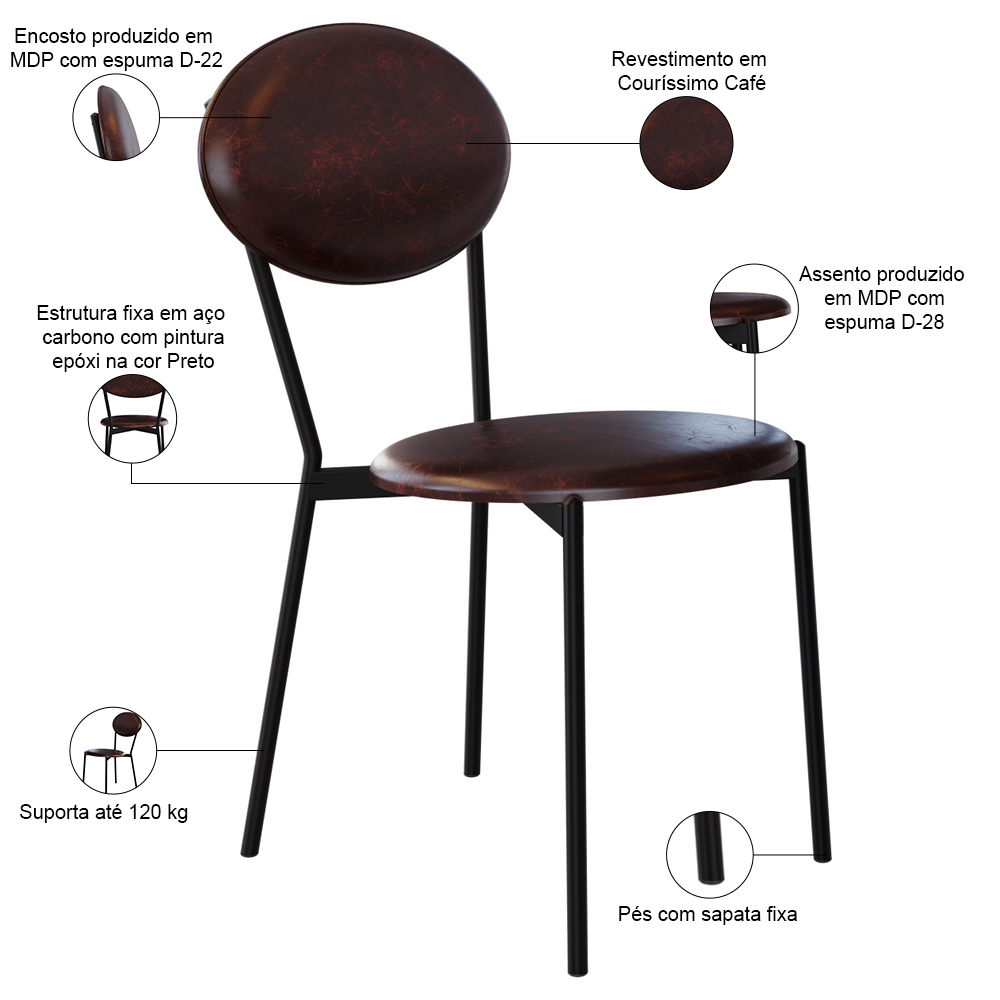 Kit 06 Cadeiras Estofada Para Sala de Jantar Azuri Preto C01 Courino Café - Lyam Decor