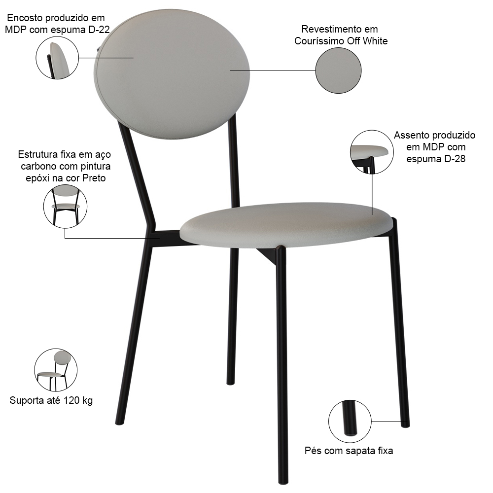 Kit 06 Cadeiras Estofada Para Sala de Jantar Azuri Preto C01 Courino Off White - Lyam Decor