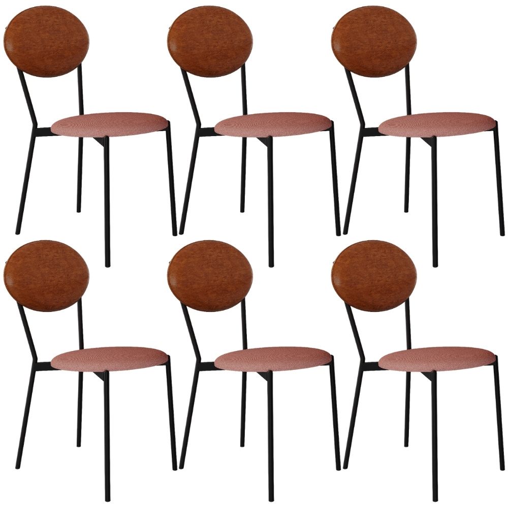 Kit 06 Cadeiras Estofada Para Sala de Jantar Azuri Preto C01 Linho Rosê Courino Caramelo - Lyam Decor