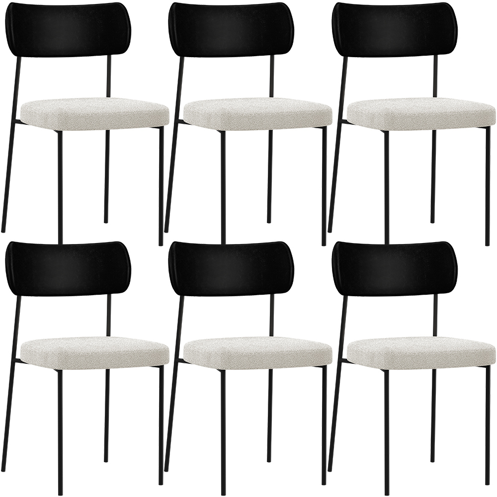 Kit 06 Cadeiras Estofadas Para Sala De Jantar Melina L02 Couríssimo Preto Bouclê Creme - Lyam Decor