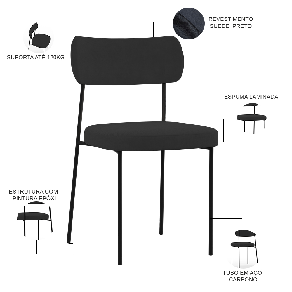 Kit 06 Cadeiras Estofadas Para Sala De Jantar Melina L02 Suede Preto - Lyam Decor