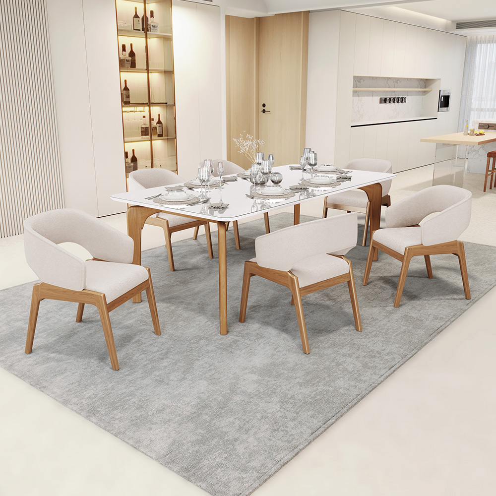 Kit 06 Cadeiras de Jantar e Estar Living Estofada Lince L02 Bouclê Cru - Lyam Decor