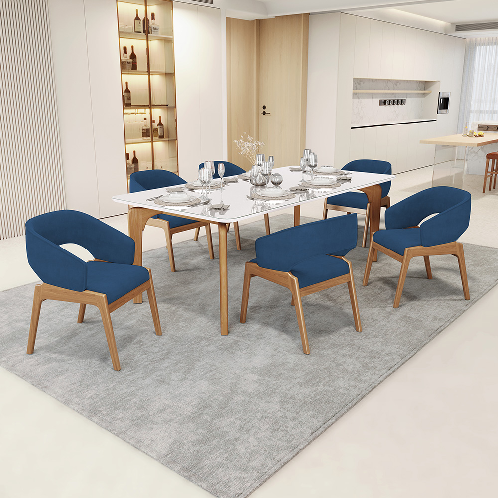 Kit 06 Cadeiras de Jantar e Estar Living Estofada Lince L02 Suede Azul Marinho - Lyam Decor