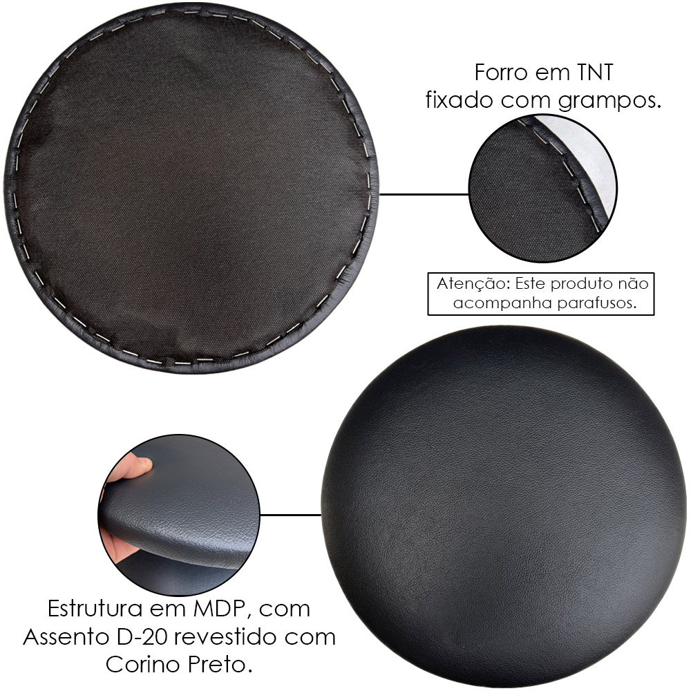 Kit 08 Assentos Redondo Banqueta Cadeira Estofados Poltronas H02 Corino Preto 39 cm - Lyam Decor