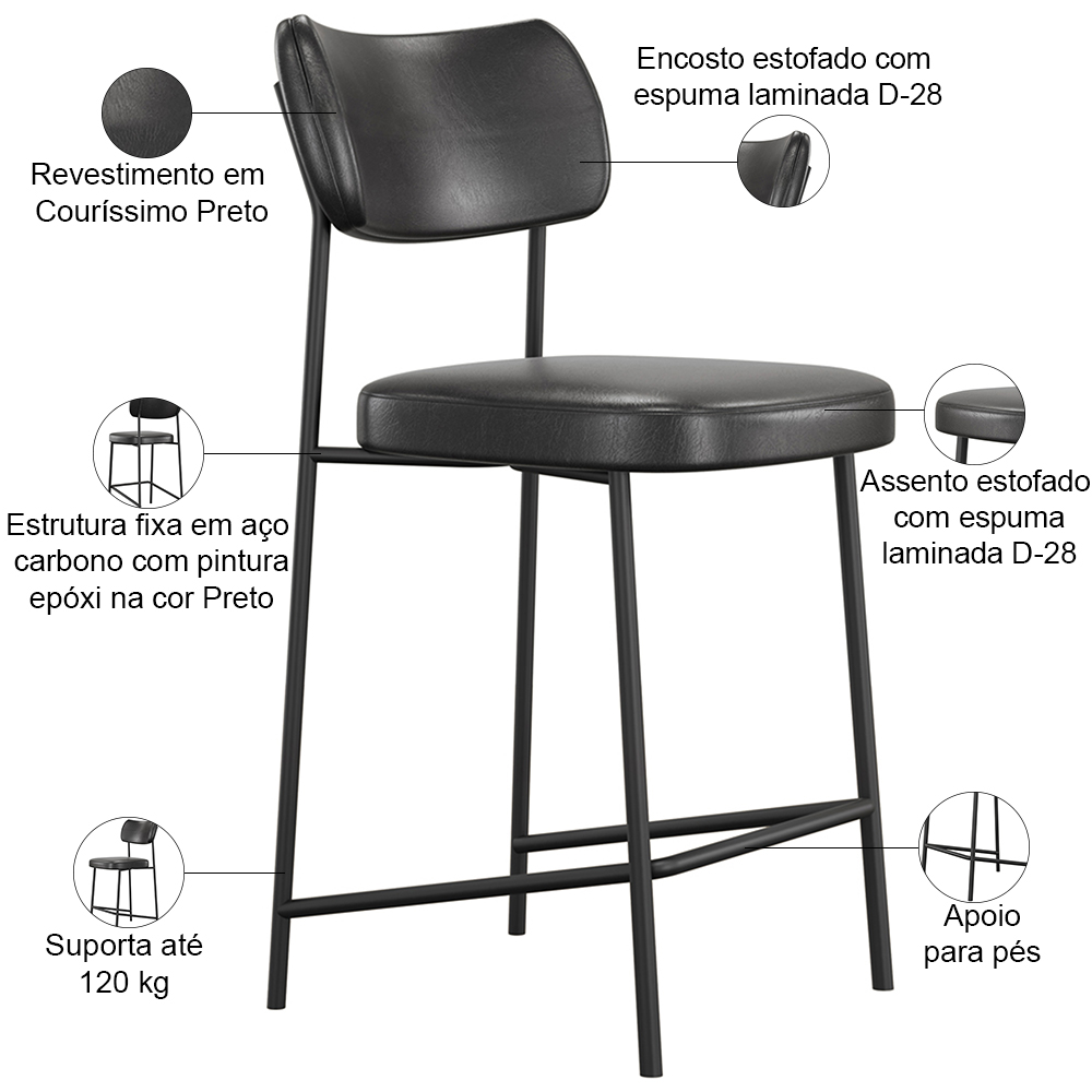 Kit 08 Banquetas Baixa Bar Cozinha Sala De Jantar Preto Elira L02 Couríssimo Preto - Lyam Decor