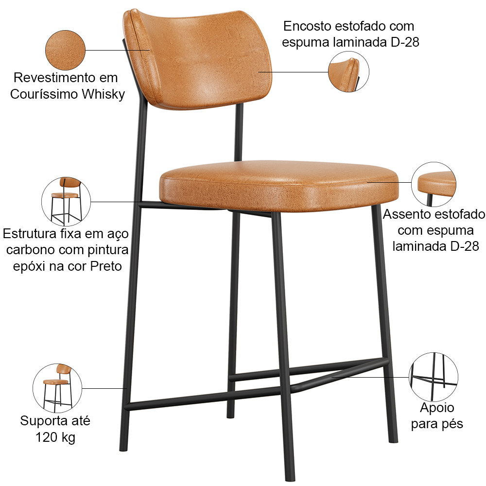 Kit 08 Banquetas Baixa Bar Cozinha Sala De Jantar Preto Elira L02 Couríssimo Whisky - Lyam Decor