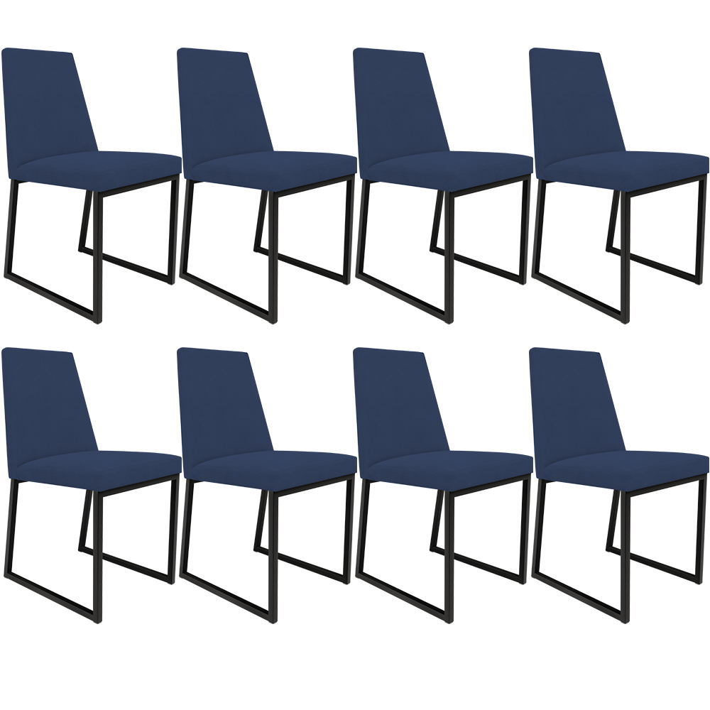 Kit 08 Cadeira Para Sala Jantar Base Aço Industrial Preto Dafne L02 Suede Azul Marinho - Lyam Decor